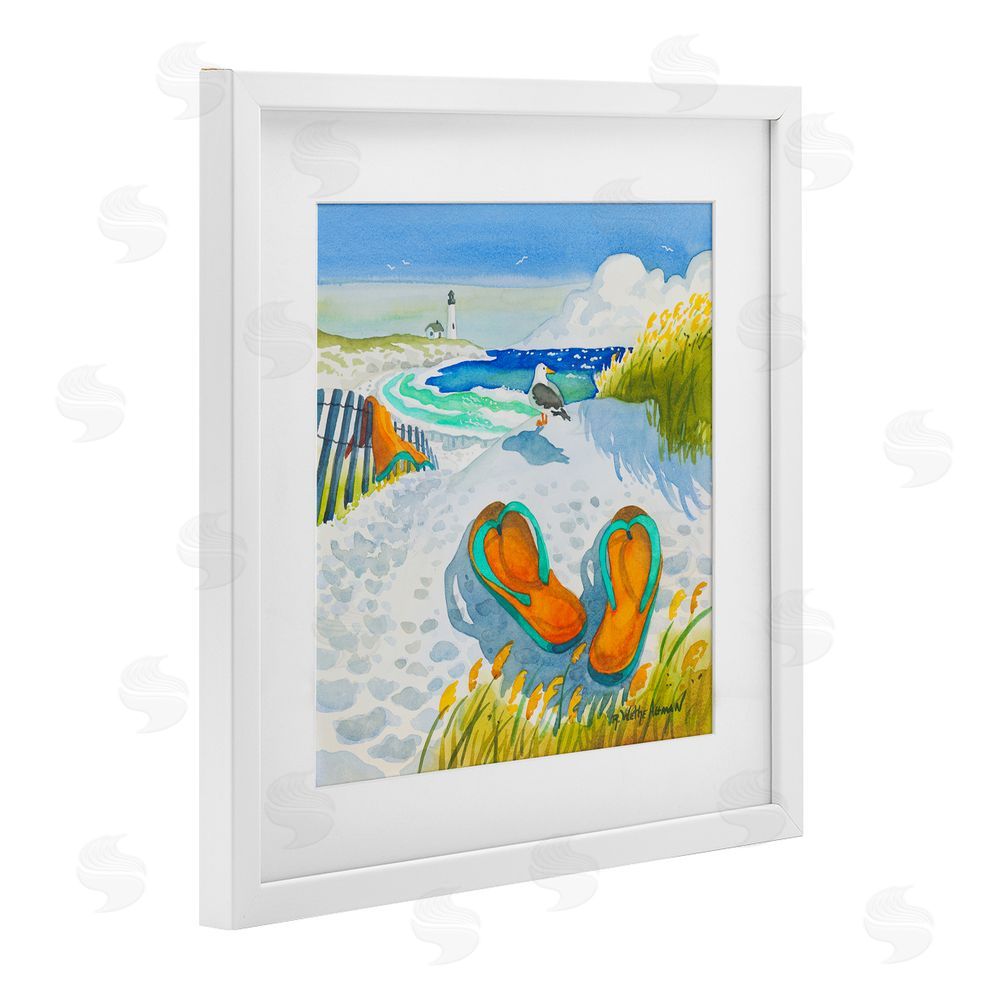 Robin Altman Seagull & Flip Flops White Framed Print Under Glass with White Mat Wall Art