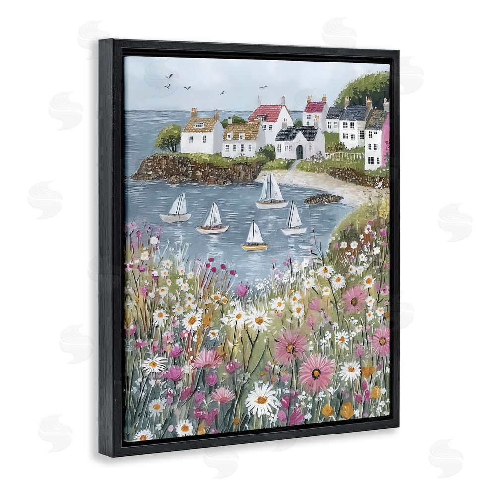 Riley B Seaside Sailboats in Village Bay Black Floating Framed Canvas Wall Art Print