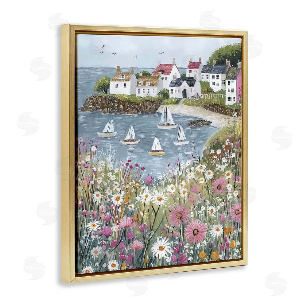 Riley B Seaside Sailboats in Village Bay Gold Floating Framed Canvas Wall Art Print