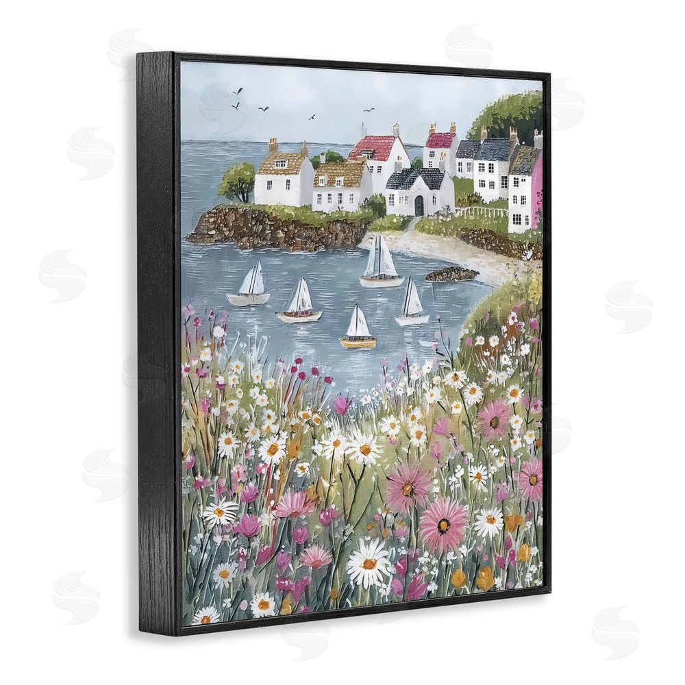 Riley B Seaside Sailboats in Village Bay Black Framed Giclee Wall Art Print