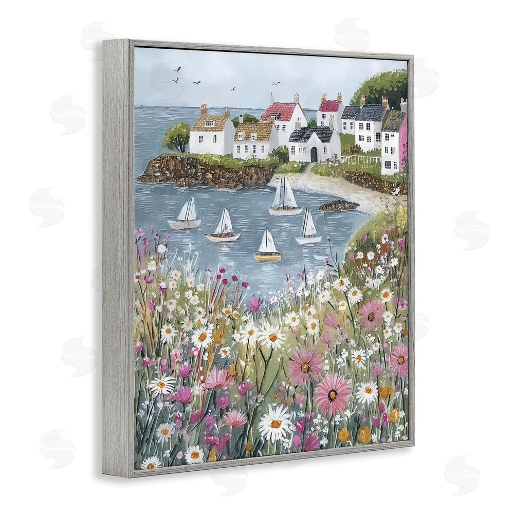 Riley B Seaside Sailboats in Village Bay Gray Framed Giclee Wall Art Print