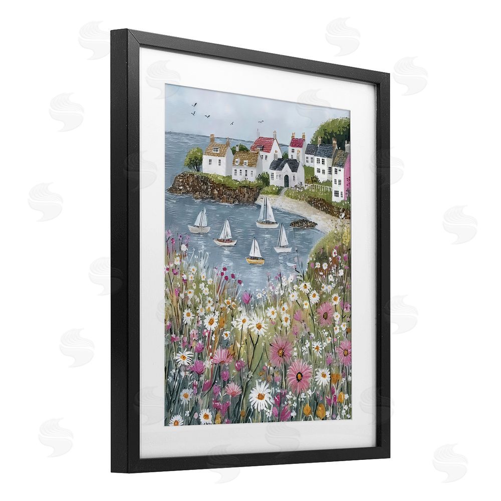 Riley B Seaside Sailboats in Village Bay Black Framed Print Under Glass with White Mat Wall Art