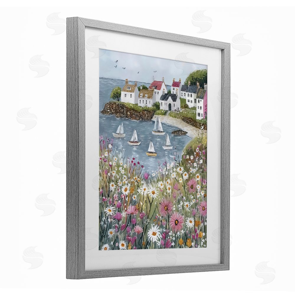 Riley B Seaside Sailboats in Village Bay Gray Framed Print Under Glass with White Mat Wall Art