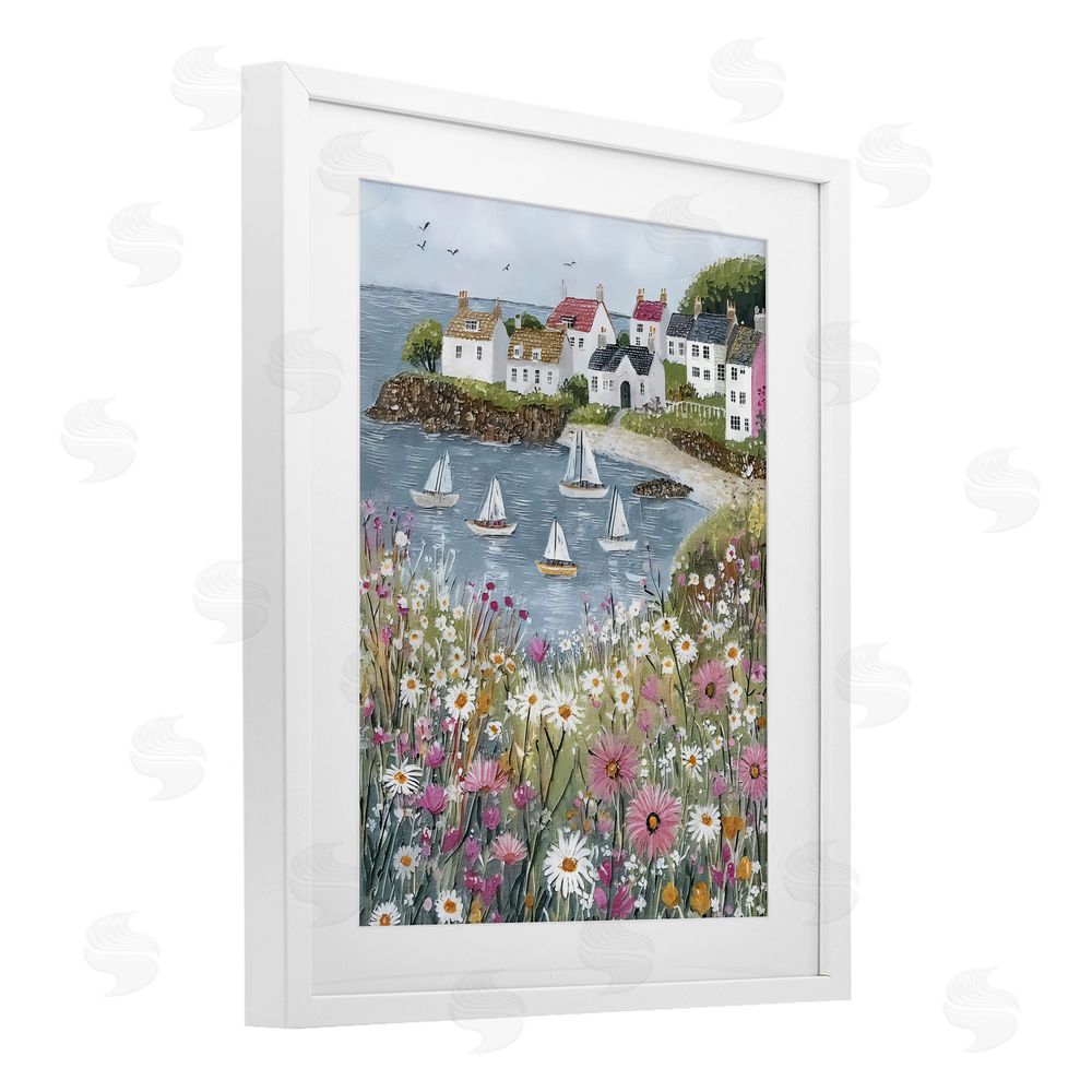 Riley B Seaside Sailboats in Village Bay White Framed Print Under Glass with White Mat Wall Art