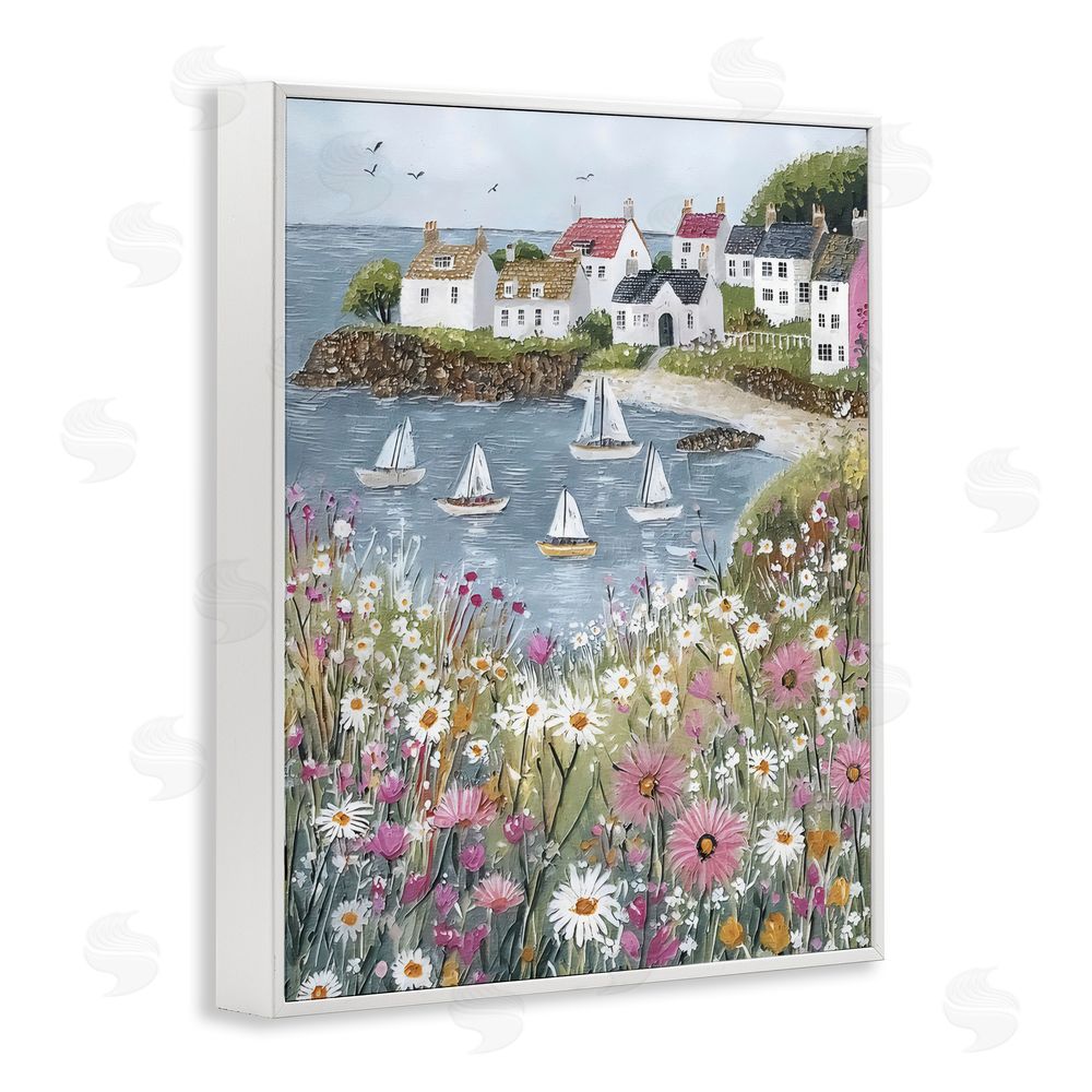 Riley B Seaside Sailboats in Village Bay White Framed Giclee Wall Art Print