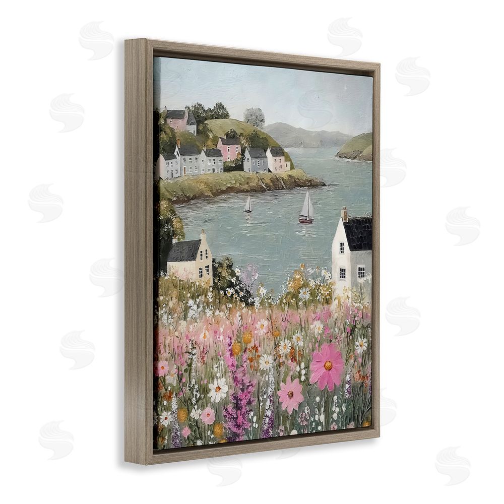 Riley B Seaside Cottages & Sailboats Brown Floating Framed Canvas Wall Art Print