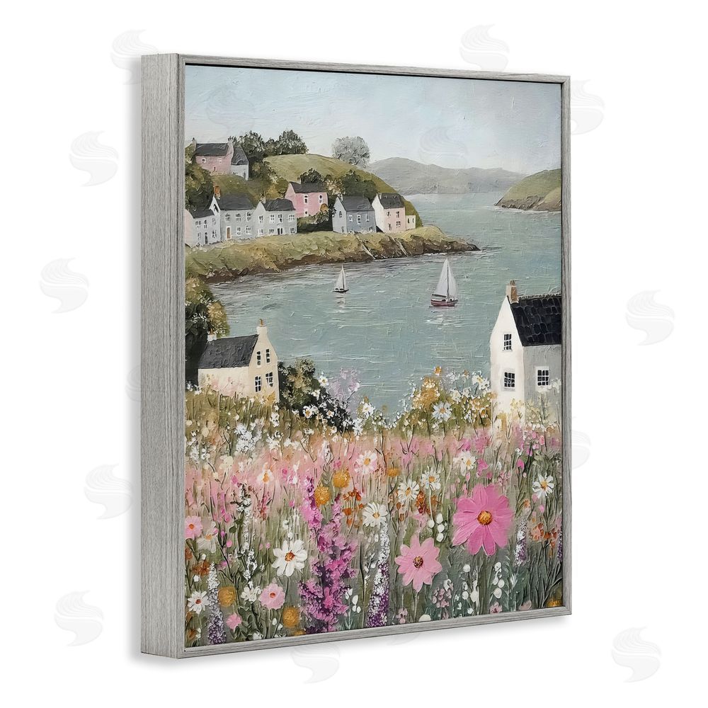 Riley B Seaside Cottages & Sailboats Gray Framed Giclee Wall Art Print