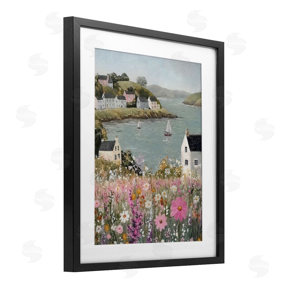 Riley B Seaside Cottages & Sailboats Black Framed Print Under Glass with White Mat Wall Art