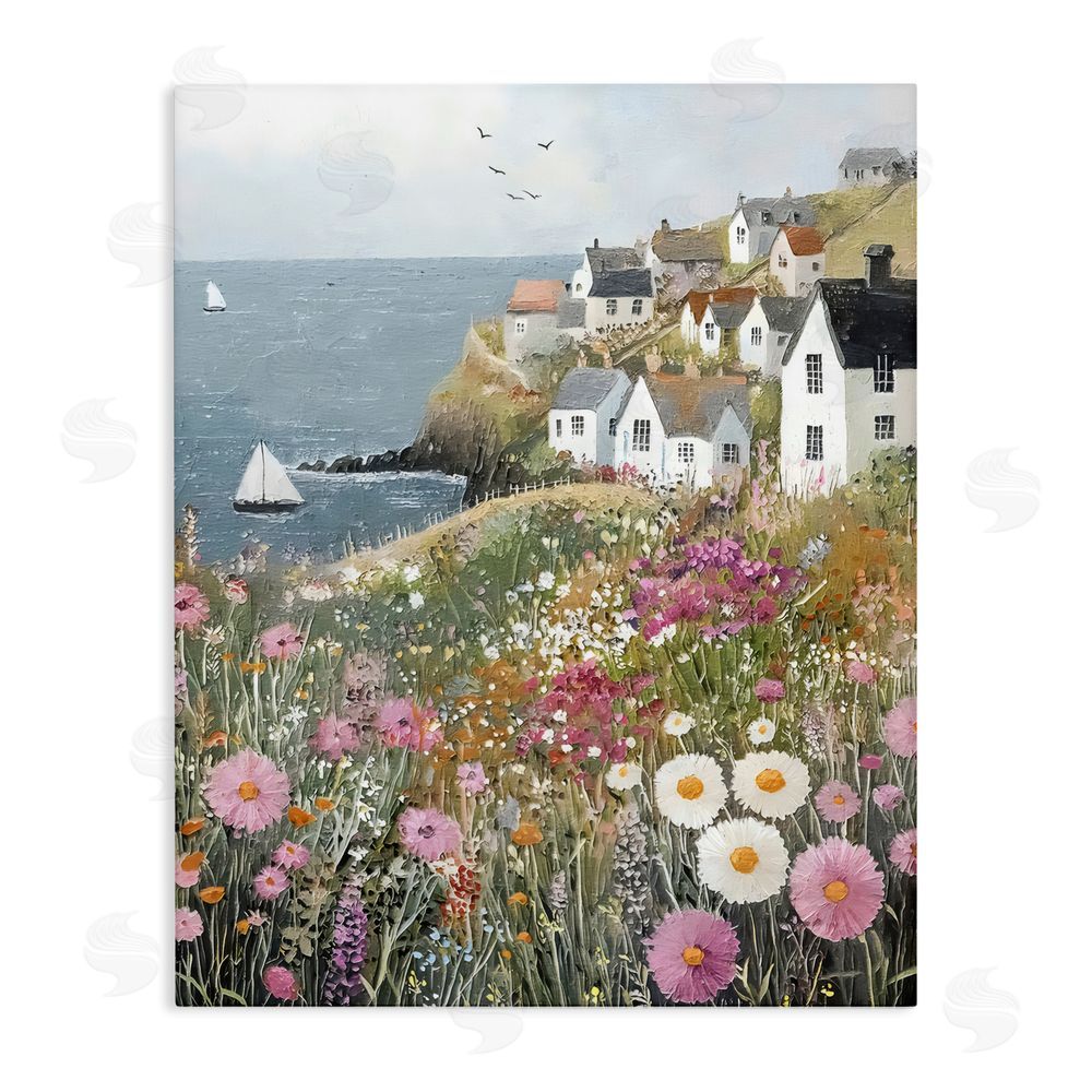 Riley B Pink Meadow Overlooking Sailboats Stretched Canvas Wall Art