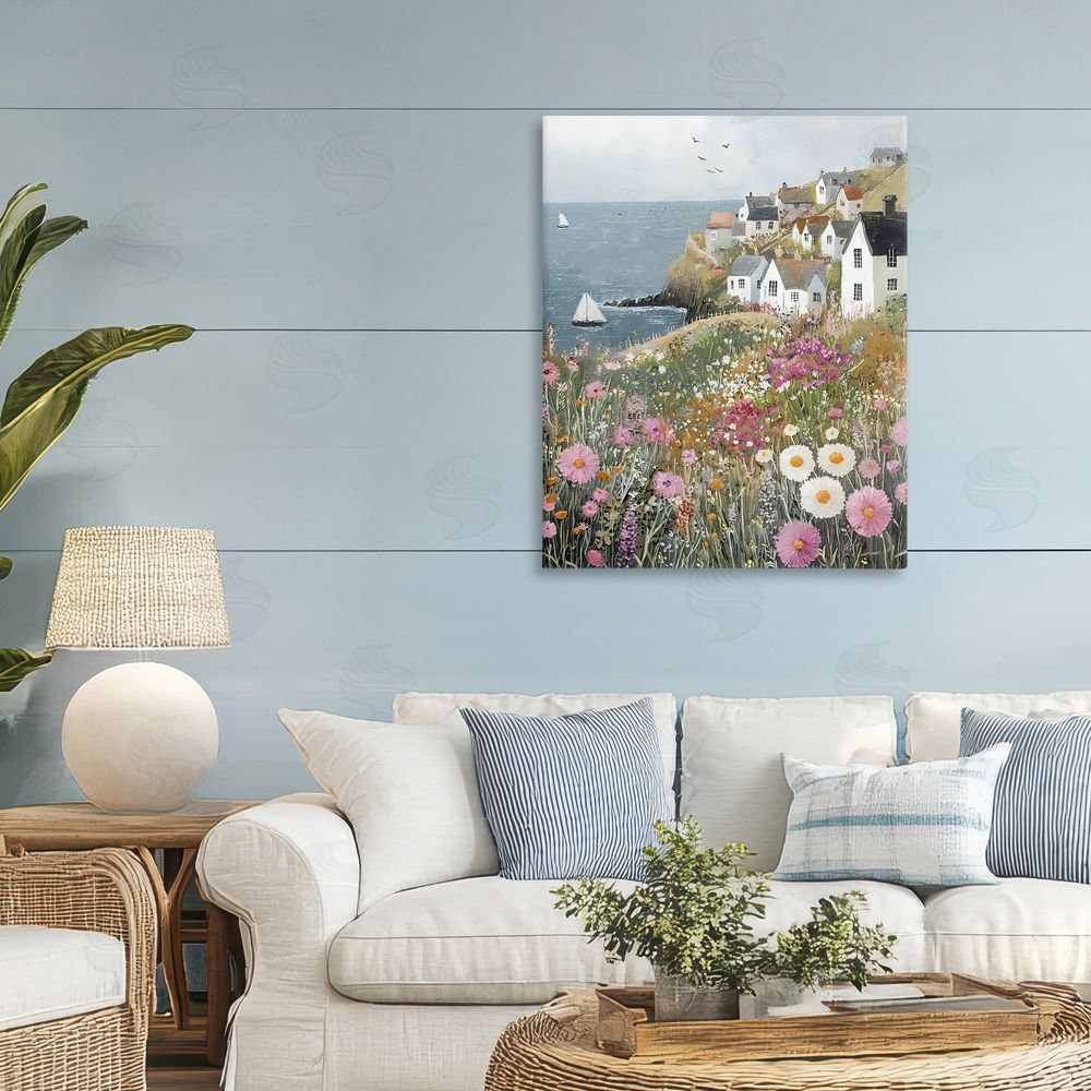 Riley B Pink Meadow Overlooking Sailboats Stretched Canvas Wall Art in Room