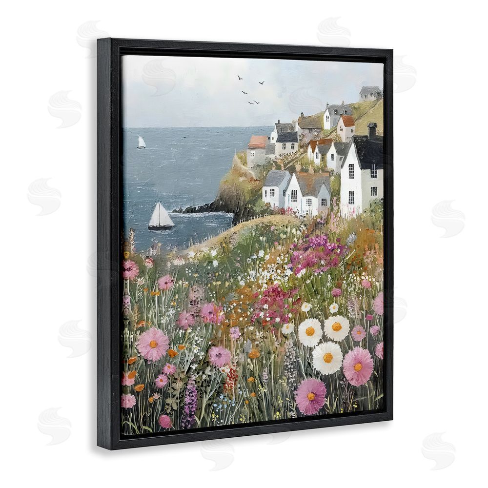 Riley B Pink Meadow Overlooking Sailboats Black Floating Framed Canvas Wall Art