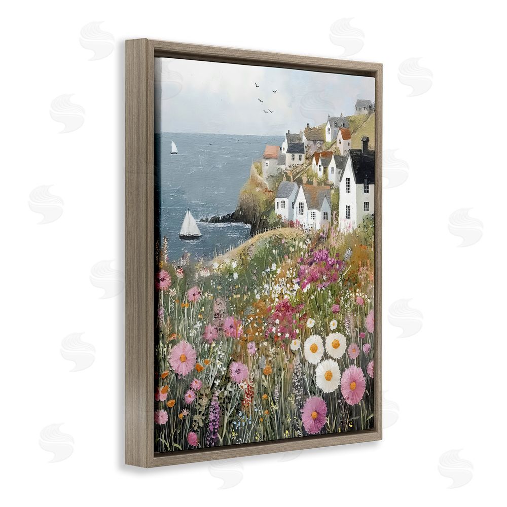 Riley B Pink Meadow Overlooking Sailboats Brown Floating Framed Canvas Wall Art