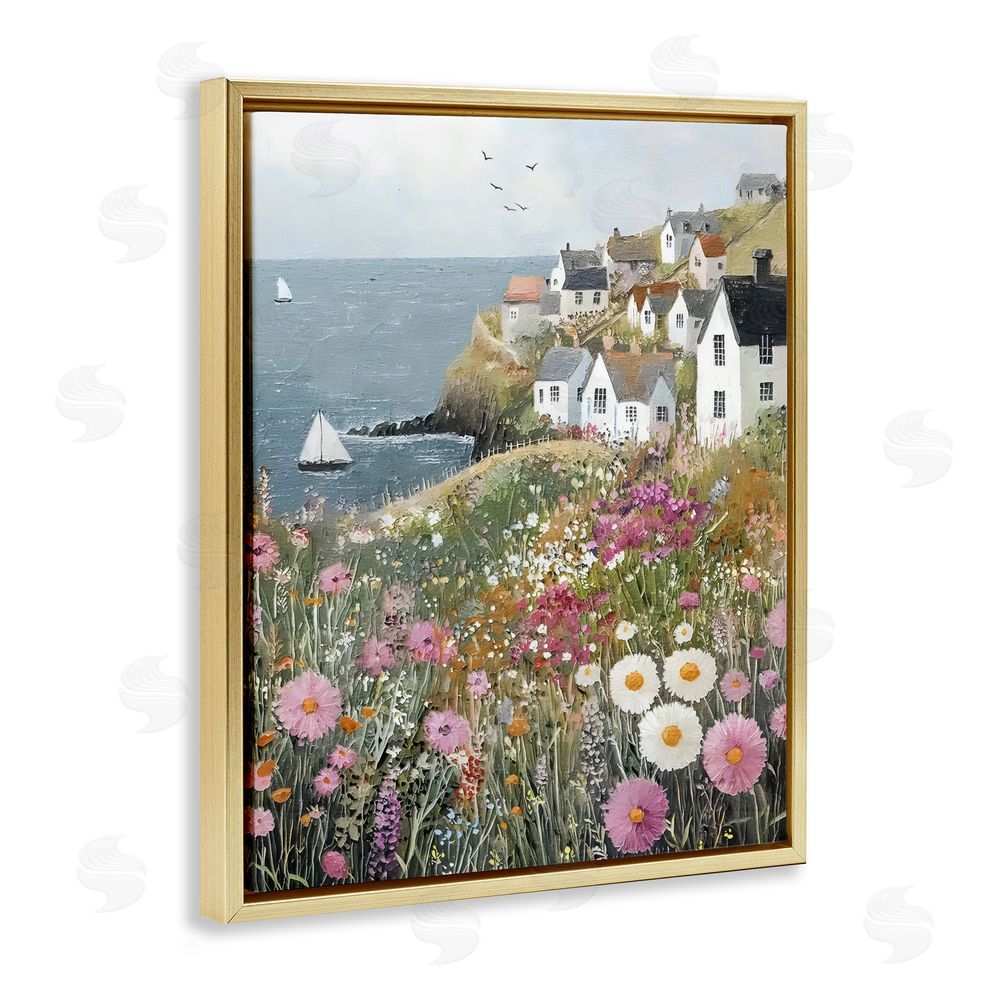 Riley B Pink Meadow Overlooking Sailboats Gold Floating Framed Canvas Wall Art