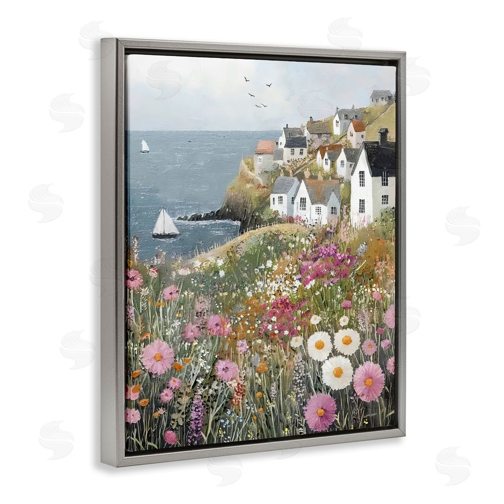 Riley B Pink Meadow Overlooking Sailboats Gray Floating Framed Canvas Wall Art