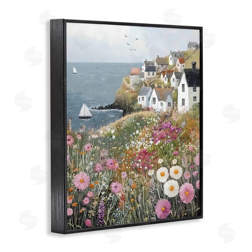 Riley B Pink Meadow Overlooking Sailboats Black Framed Giclee Wall Art