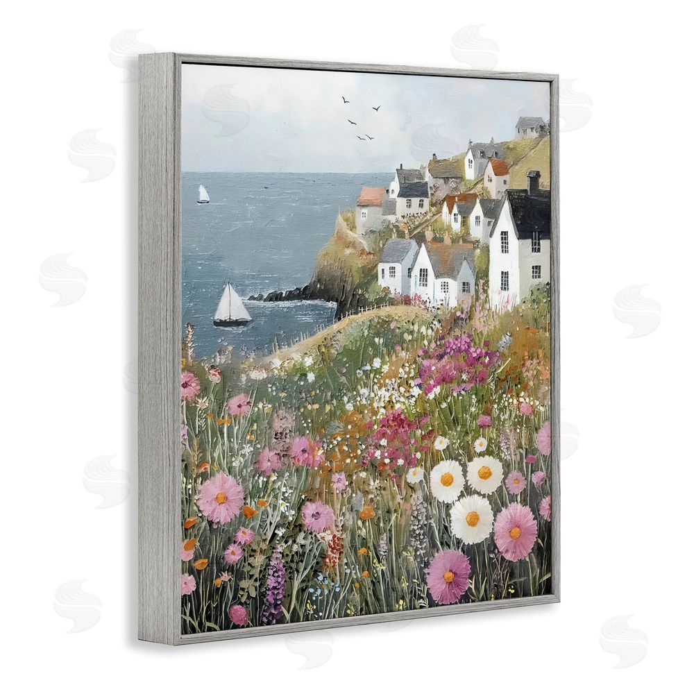 Riley B Pink Meadow Overlooking Sailboats Gray Framed Giclee Wall Art