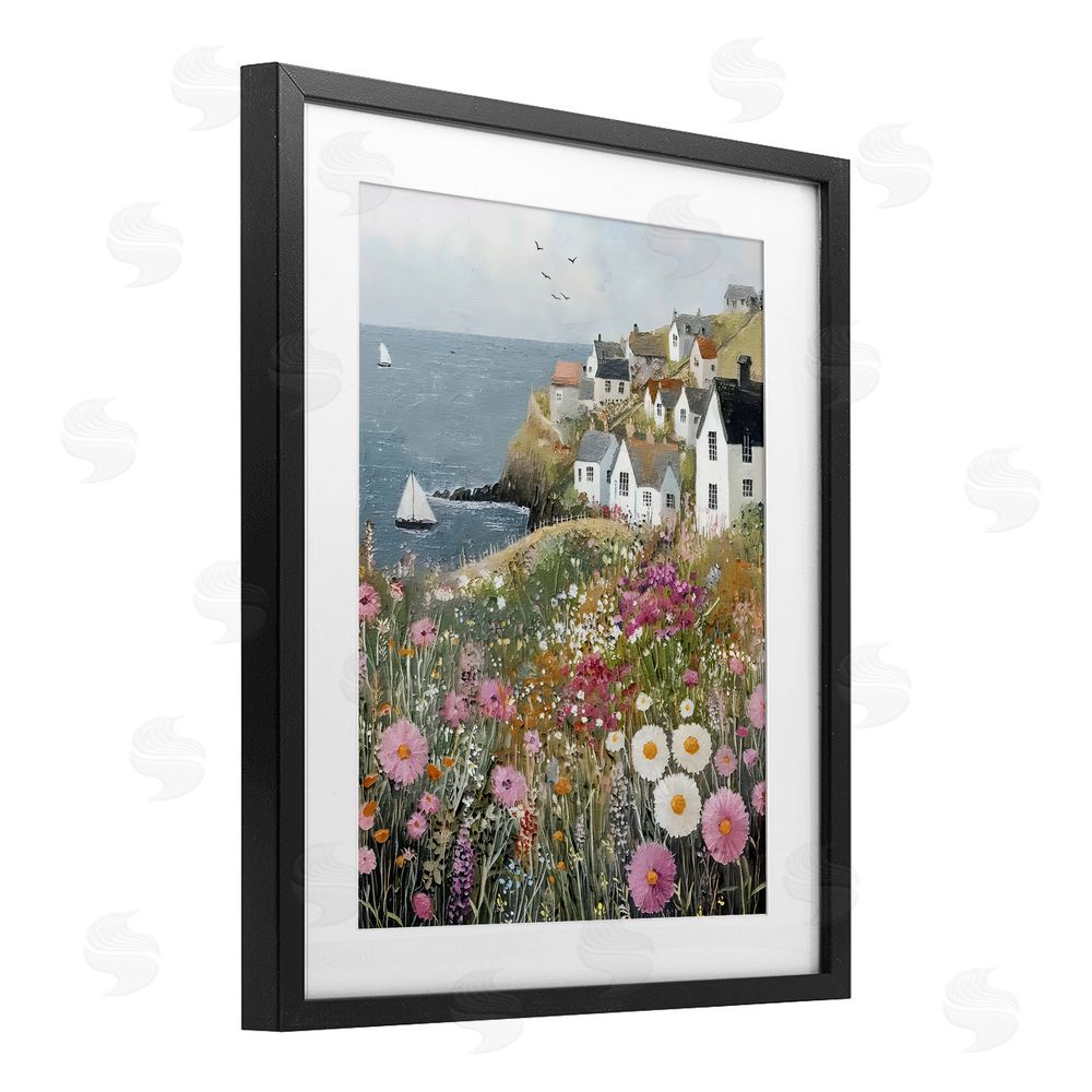 Riley B Pink Meadow Overlooking Sailboats Black Framed Print Under Glass Wall Art