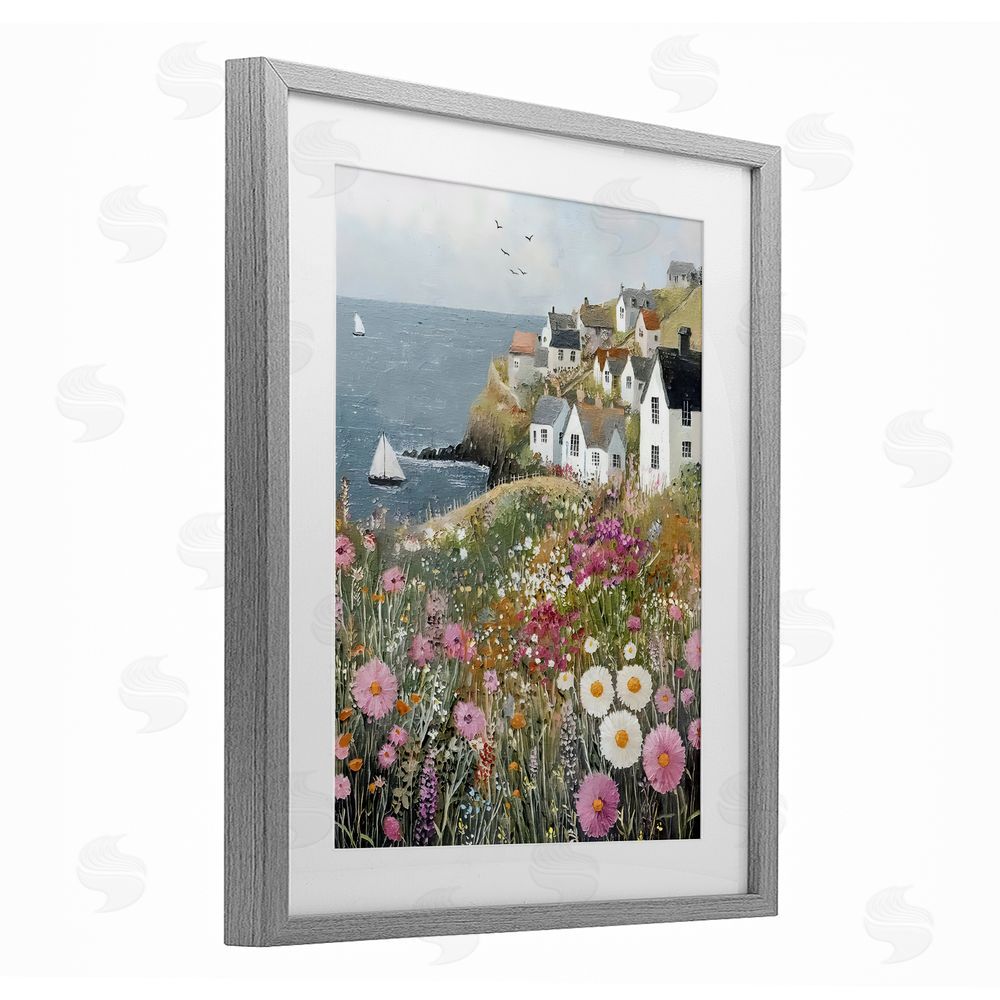 Riley B Pink Meadow Overlooking Sailboats Gray Framed Print Under Glass Wall Art