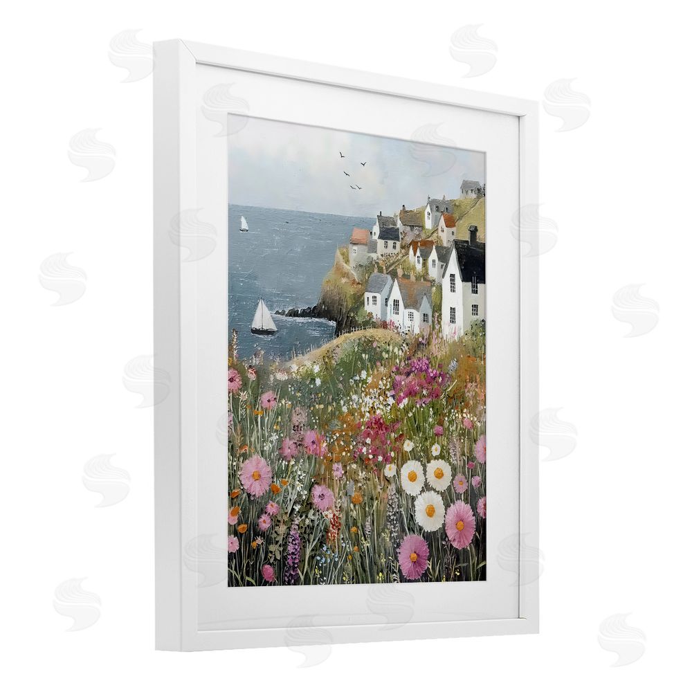 Riley B Pink Meadow Overlooking Sailboats White Framed Print Under Glass Wall Art