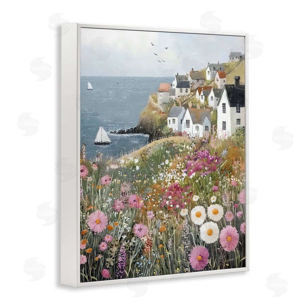 Riley B Pink Meadow Overlooking Sailboats White Framed Giclee Wall Art