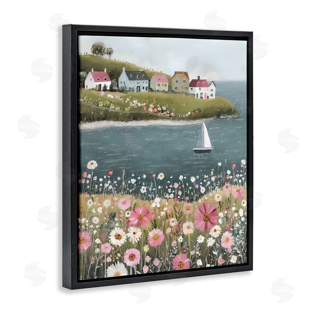 Riley B Pink Meadow & Sailboats Black Floating Framed Canvas Wall Art