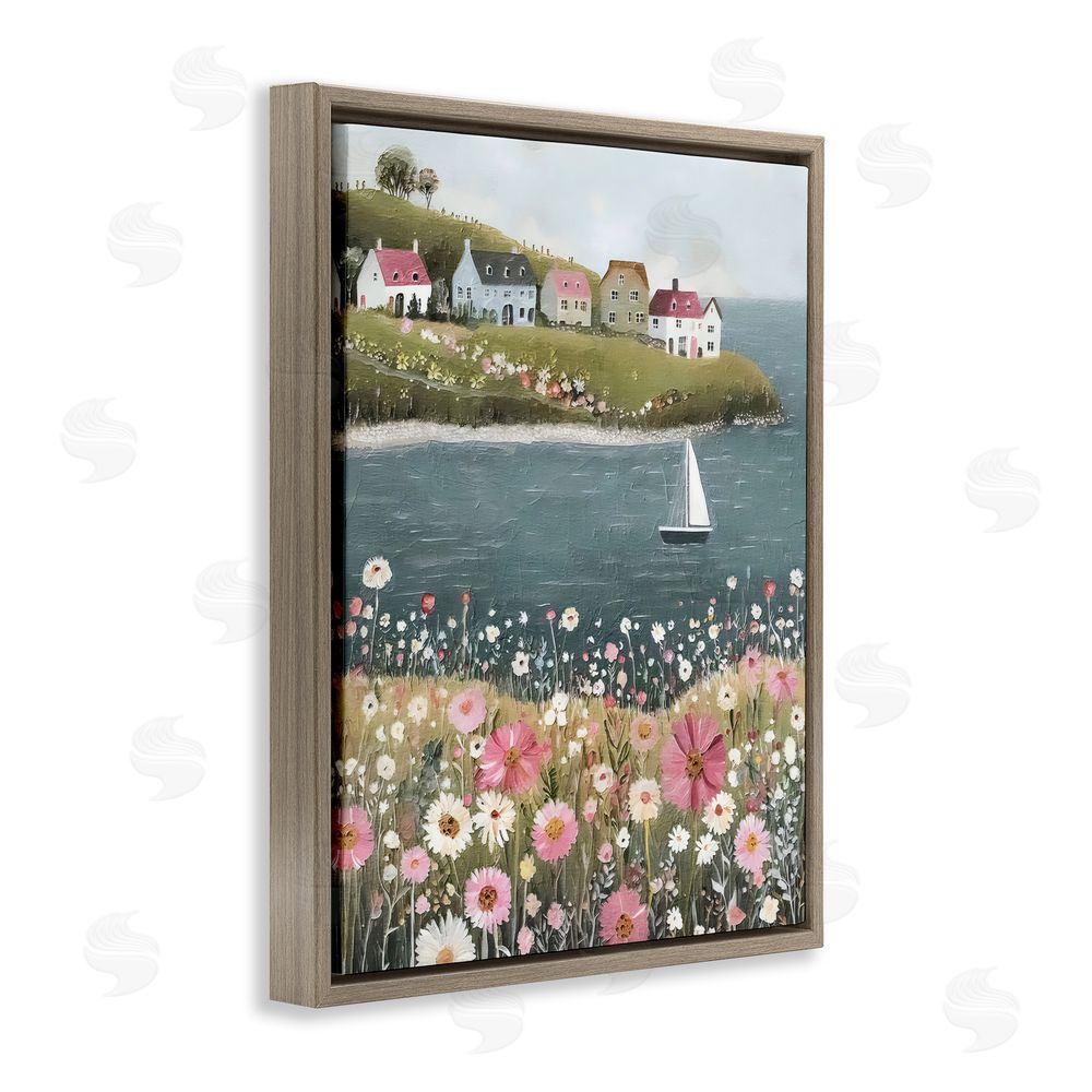 Riley B Pink Meadow & Sailboats Brown Floating Framed Canvas Wall Art