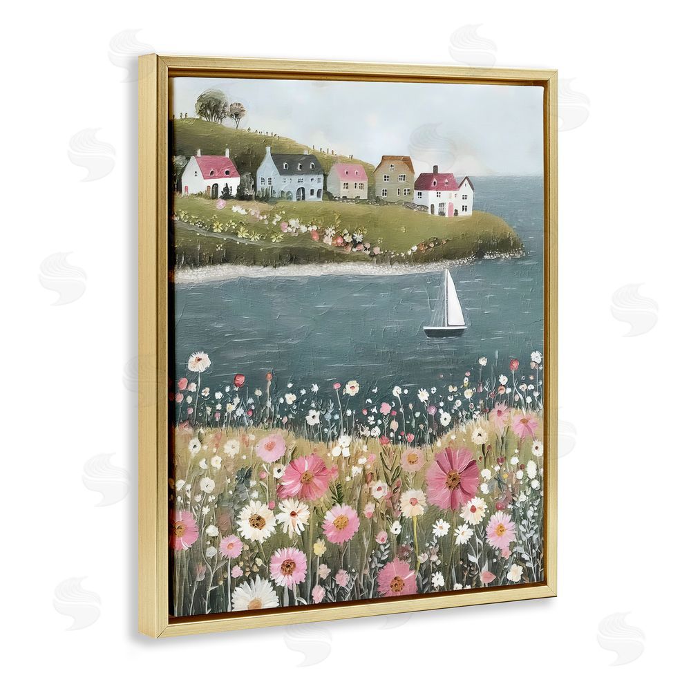 Riley B Pink Meadow & Sailboats Gold Floating Framed Canvas Wall Art