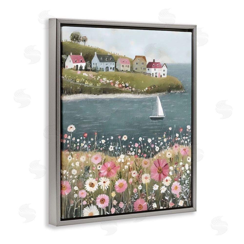 Riley B Pink Meadow & Sailboats Gray Floating Framed Canvas Wall Art