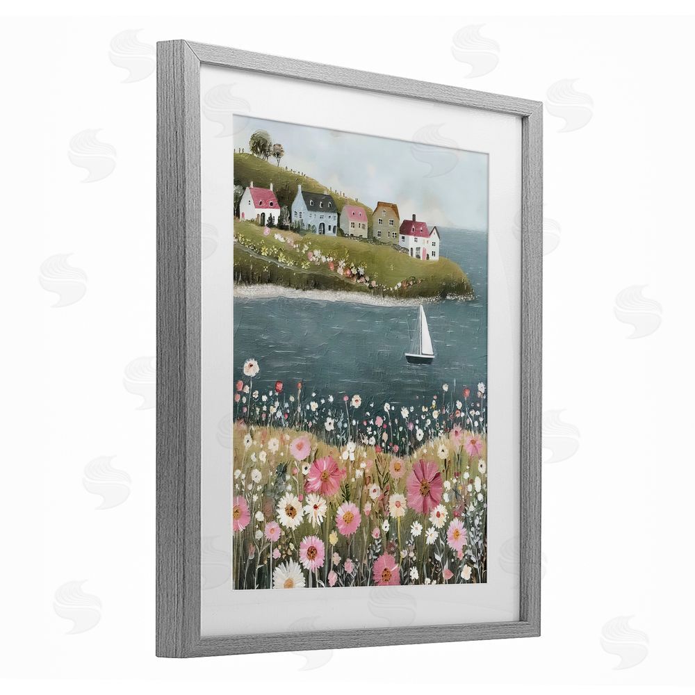Riley B Pink Meadow & Sailboats Gray Framed Print Under Glass Wall Art