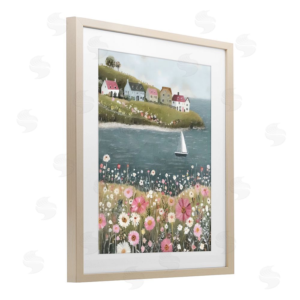 Riley B Pink Meadow & Sailboats Brown Framed Print Under Glass Wall Art