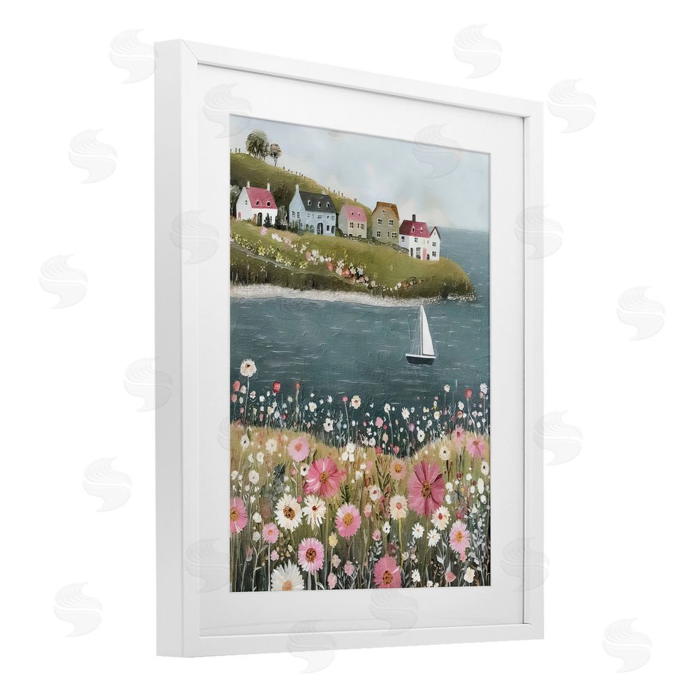 Riley B Pink Meadow & Sailboats White Framed Print Under Glass Wall Art