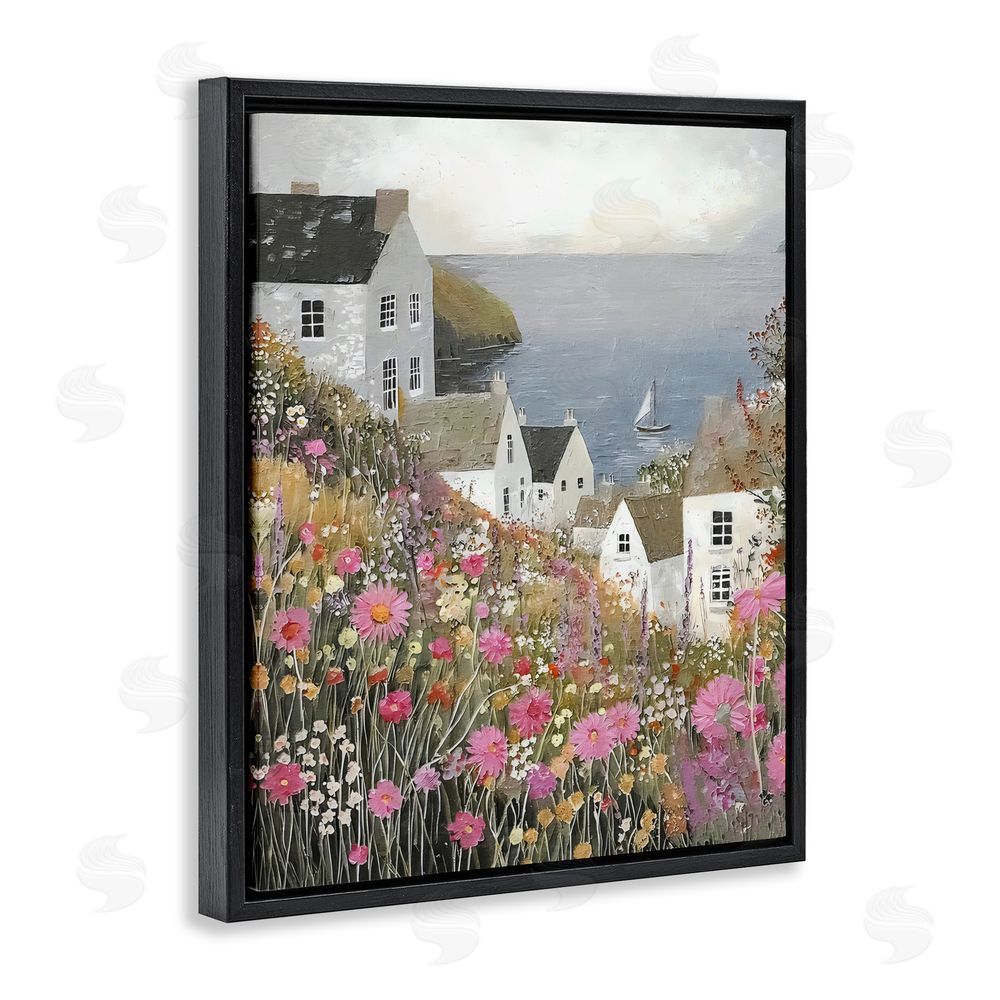 Riley B Picturesque Village over Sea Black Floating Framed Canvas Wall Art
