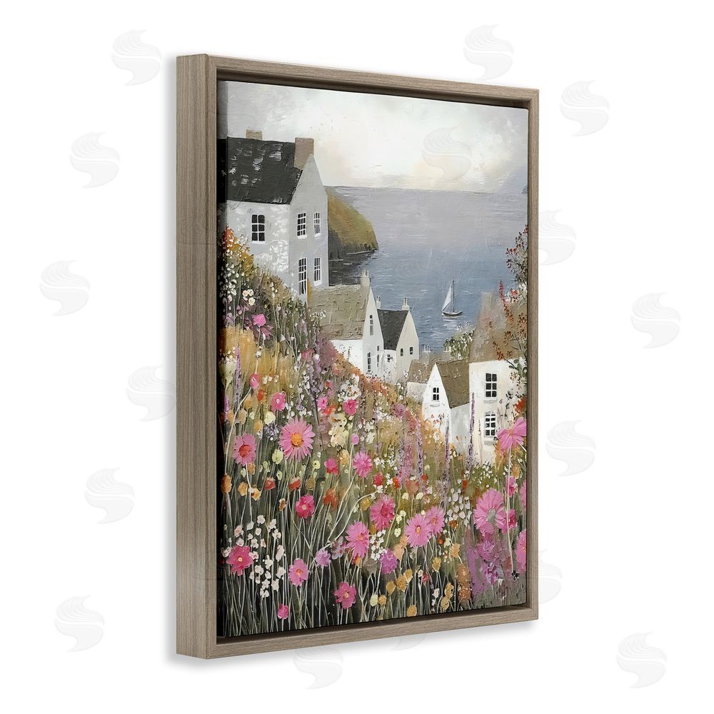 Riley B Picturesque Village over Sea Brown Floating Framed Canvas Wall Art