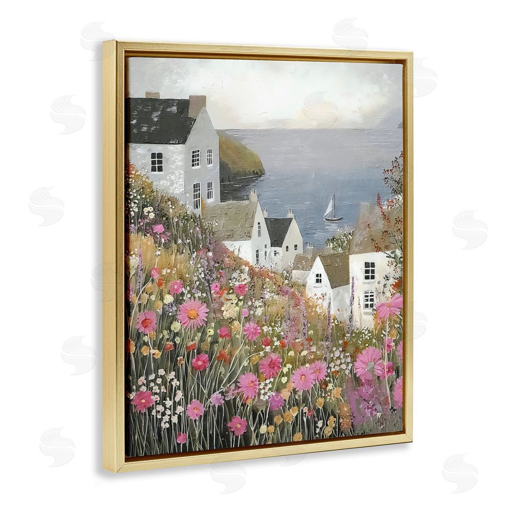 Riley B Picturesque Village over Sea Gold Floating Framed Canvas Wall Art