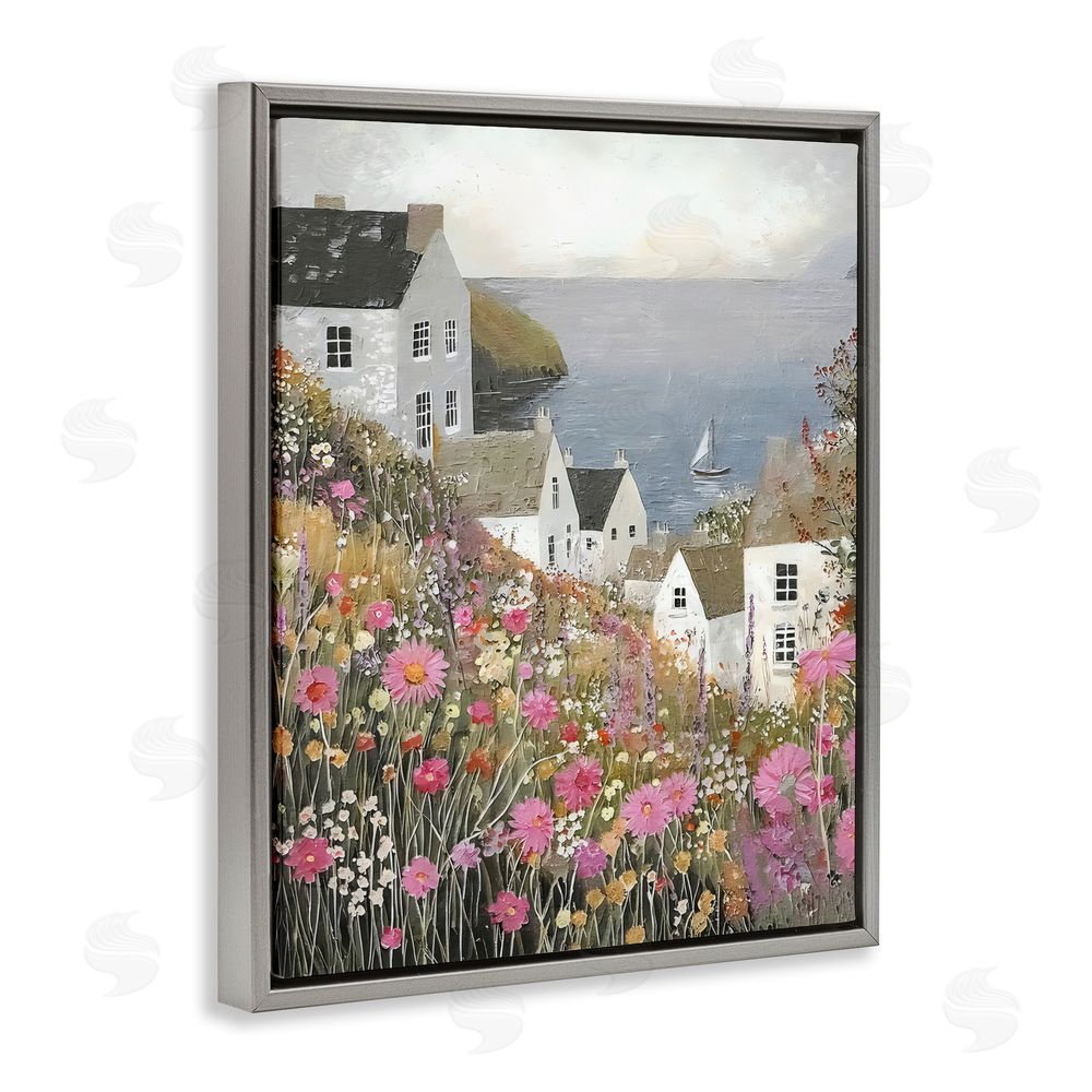 Riley B Picturesque Village over Sea Gray Floating Framed Canvas Wall Art