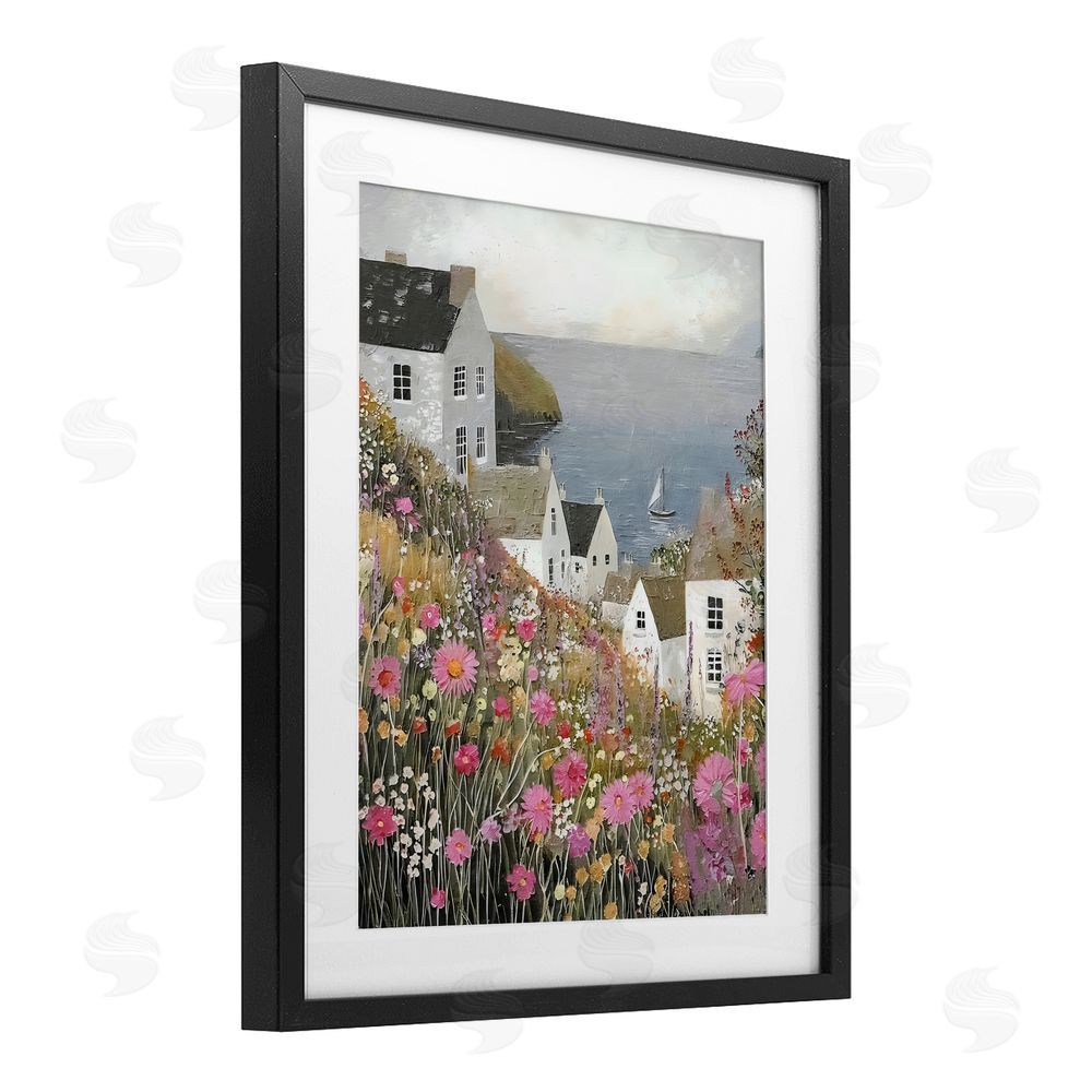 Riley B Picturesque Village over Sea Black Framed Print Under Glass Wall Art