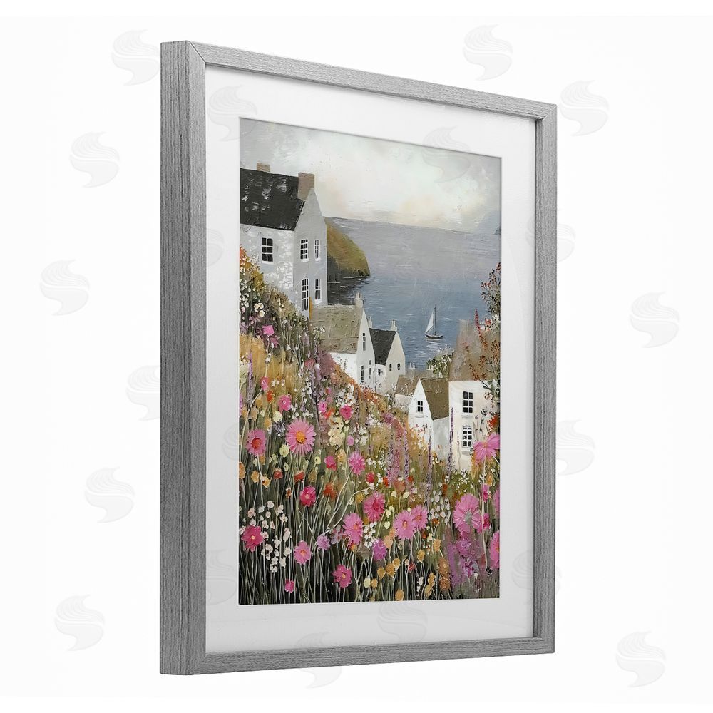 Riley B Picturesque Village over Sea Gray Framed Print Under Glass Wall Art