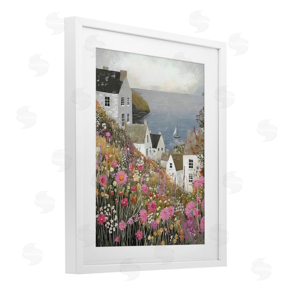 Riley B Picturesque Village over Sea White Framed Print Under Glass Wall Art