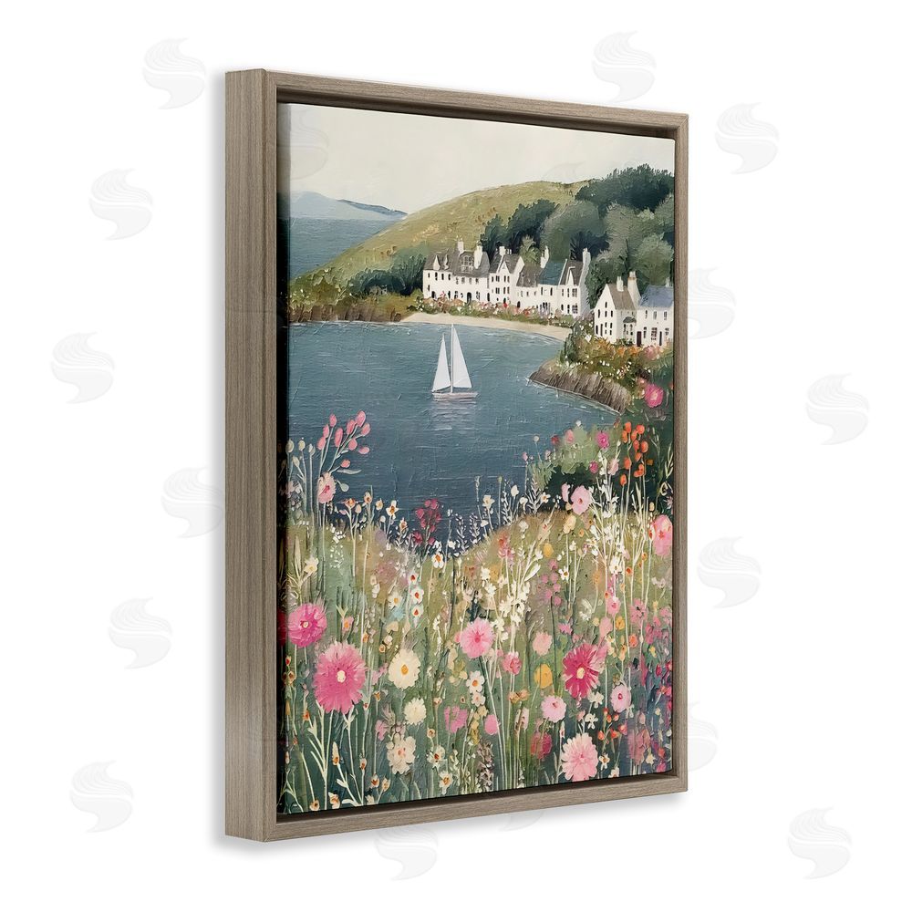Riley B Clifftop Meadow & Sailboat Brown Floating Frame Canvas Wall Art Print
