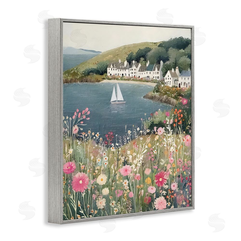 Riley B Clifftop Meadow & Sailboat Gray Framed Giclee Wall Art Print