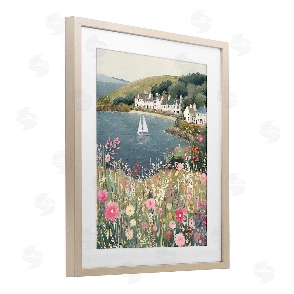 Riley B Clifftop Meadow & Sailboat Brown Framed Print Under Glass Wall Art