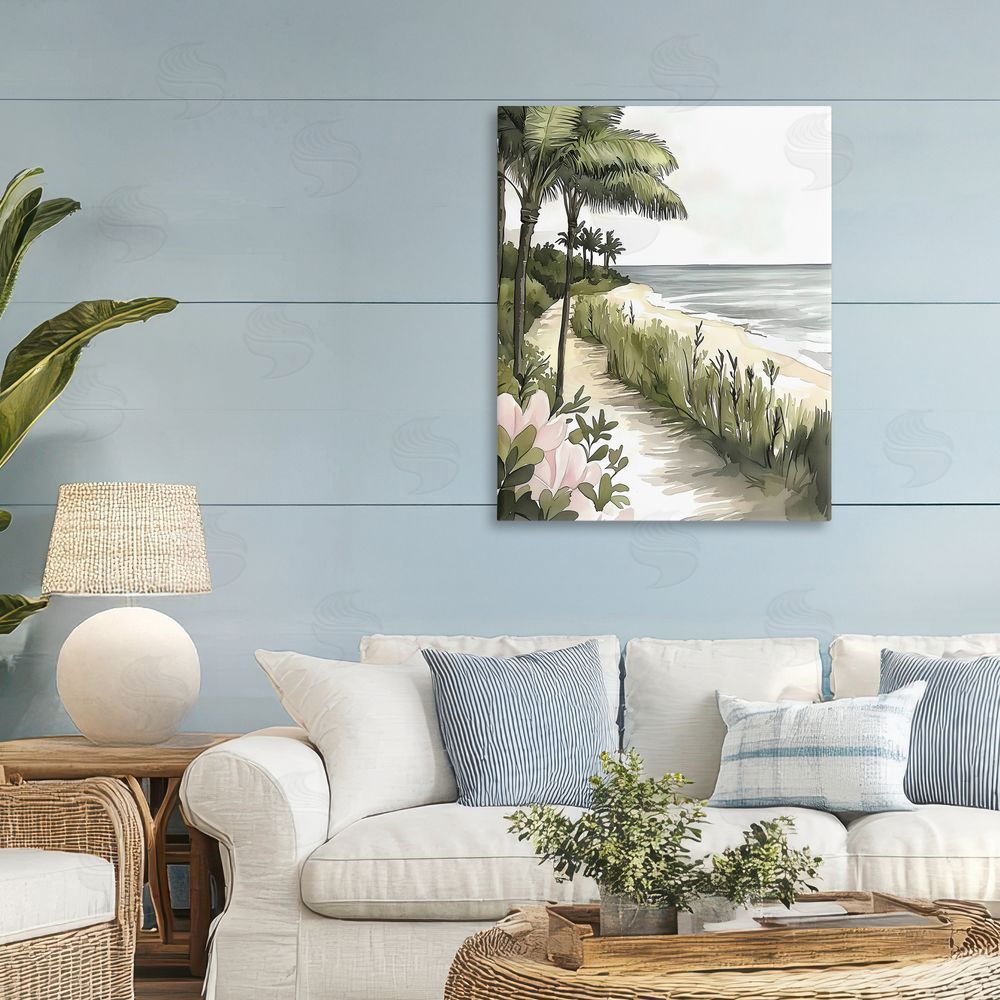 Riley B Coastal Calm Palm Tree Pathway Stretched Canvas Wall Art in Room