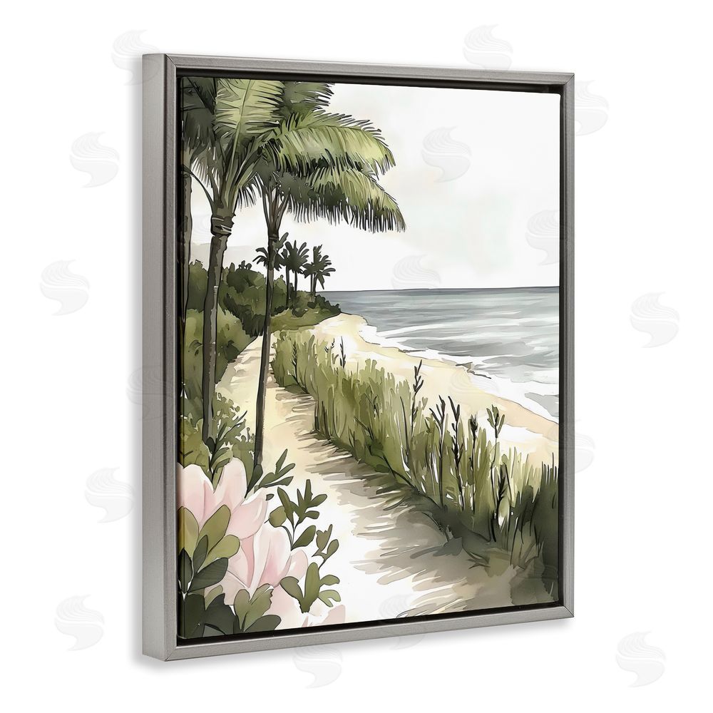 Riley B Coastal Calm Palm Tree Pathway Gray Floating Frame Canvas Wall Art Print