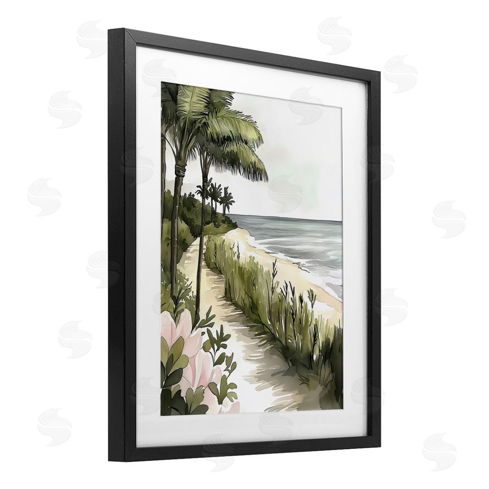 Riley B Coastal Calm Palm Tree Pathway Black Framed Print Under Glass Wall Art