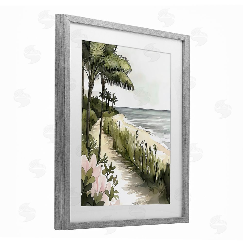 Riley B Coastal Calm Palm Tree Pathway Gray Framed Print Under Glass Wall Art