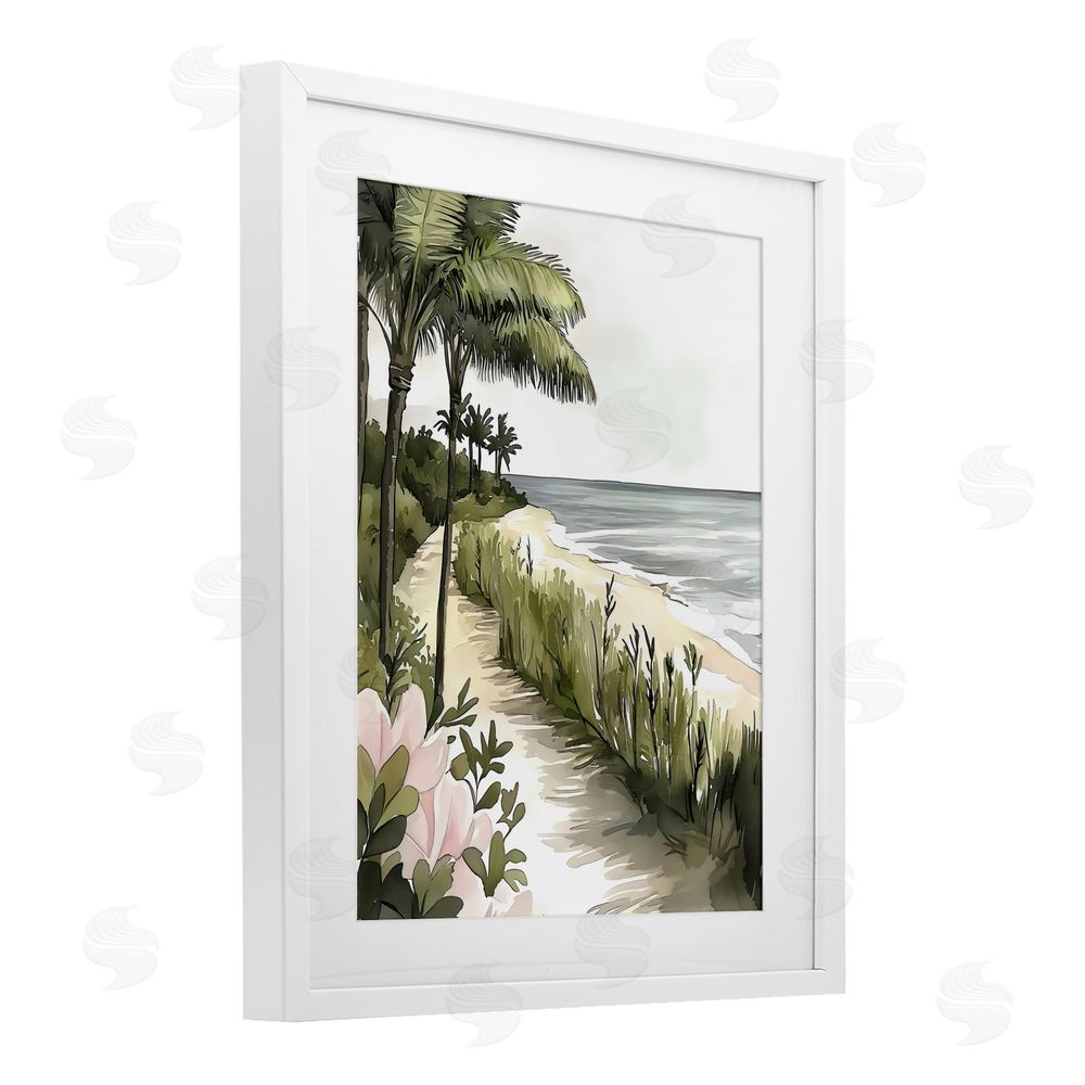 Riley B Coastal Calm Palm Tree Pathway White Framed Print Under Glass Wall Art
