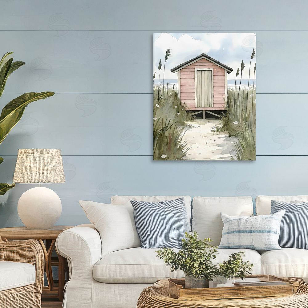 Riley B Coastal Calm Pink Beach Hut Stretched Canvas Wall Art in Room