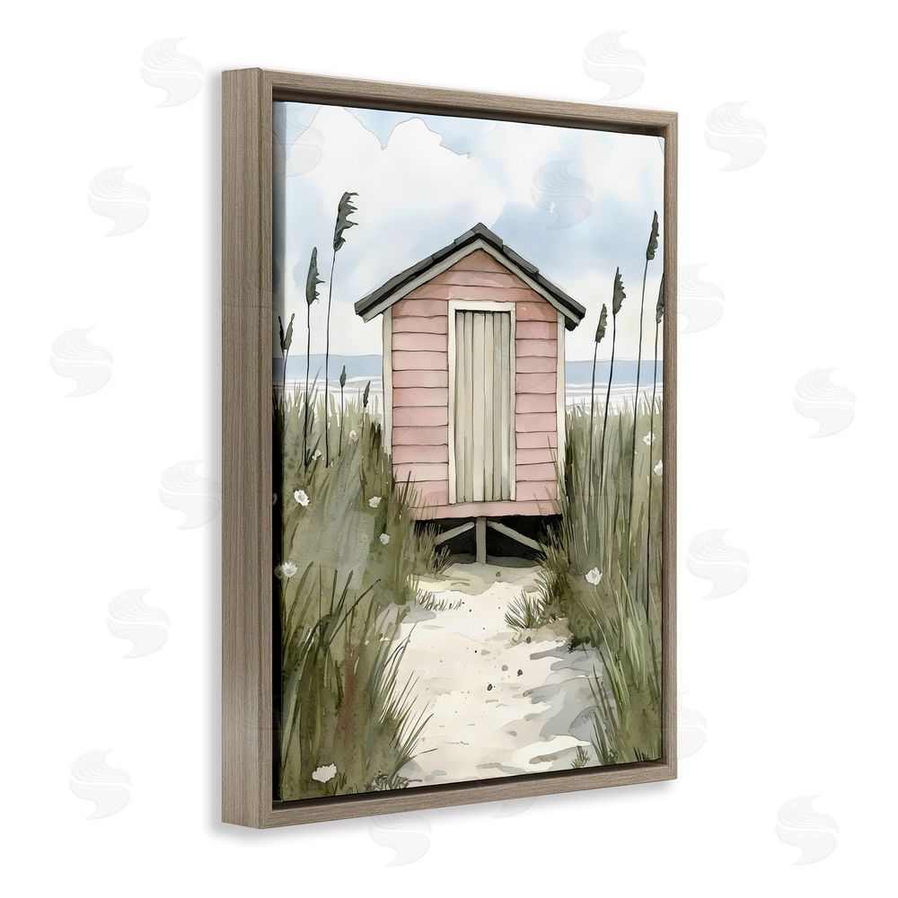 Riley B Coastal Calm Pink Beach Hut Brown Floating Frame Canvas Wall Art Print