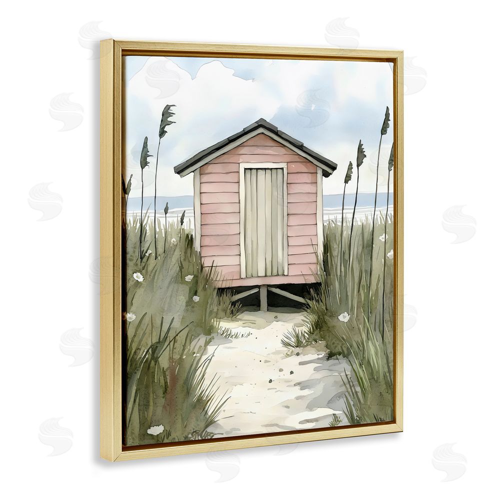 Riley B Coastal Calm Pink Beach Hut Gold Floating Frame Canvas Wall Art Print