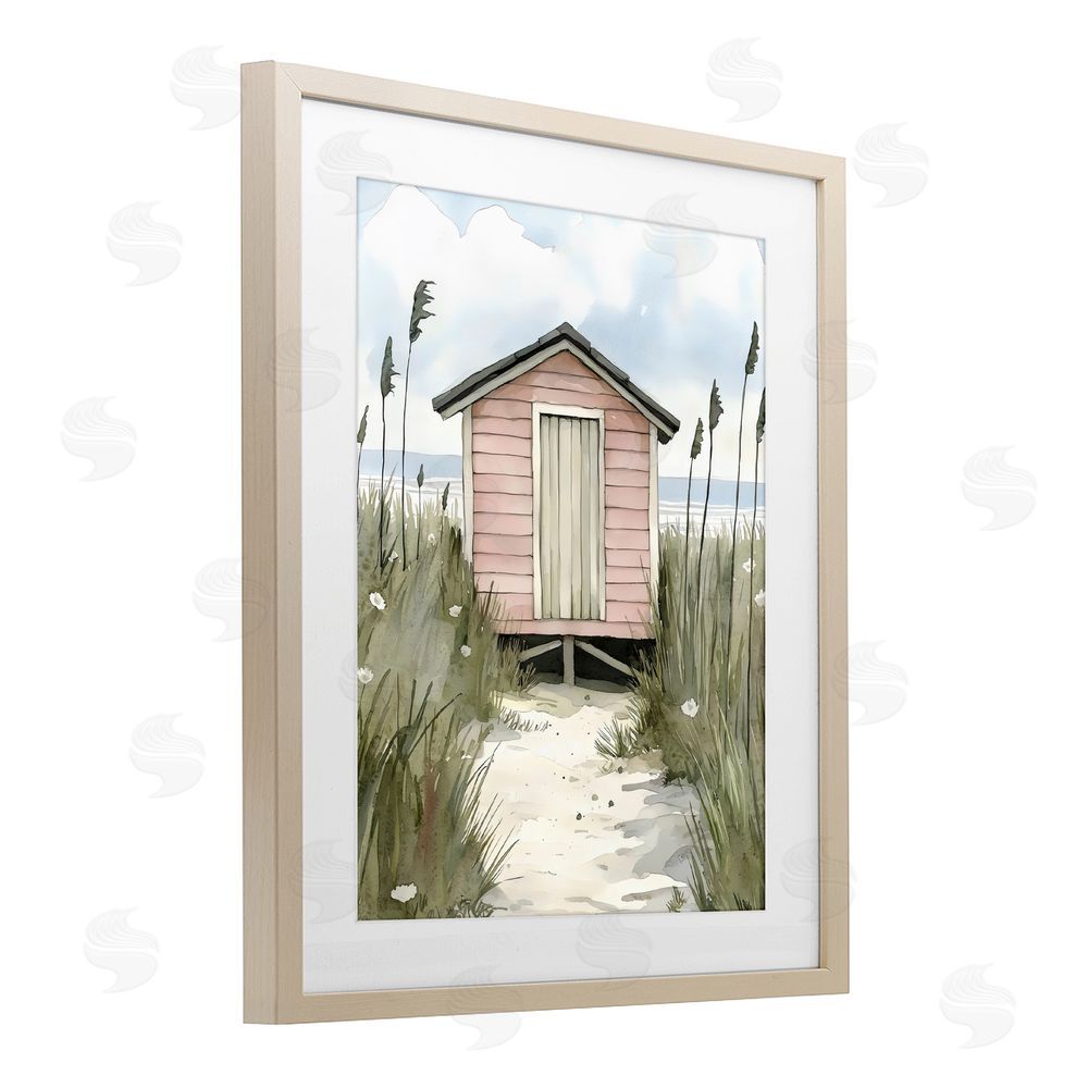 Riley B Coastal Calm Pink Beach Hut Brown Framed Print Under Glass Wall Art